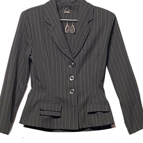 VTG 90 USA Gorpcore Goth Black Pin Stripe Suit Blazer Mini Skirt 3/4 Long Sleeve - Picture 4 of 16